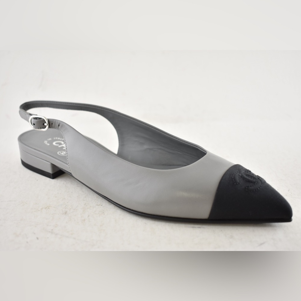 Chanel 24A Gray Leather Black CC Logo Coco Slingback Pointed Toe Ballet Flat 36c - Picture 5 of 16